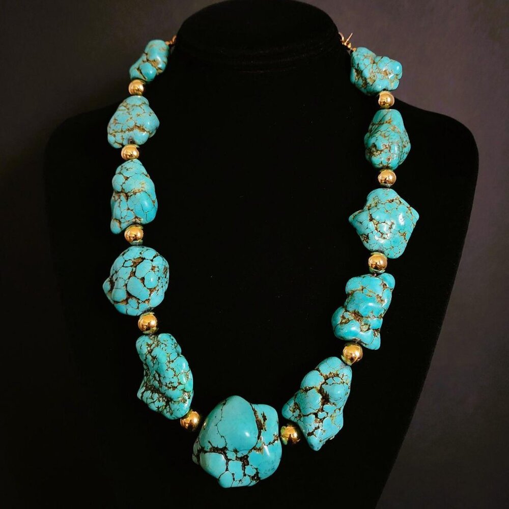 VINTAGE Kenneth Jay Lane Turquoise Nugget Statement Necklace Signed 17"-21" - Picture 8 of 8